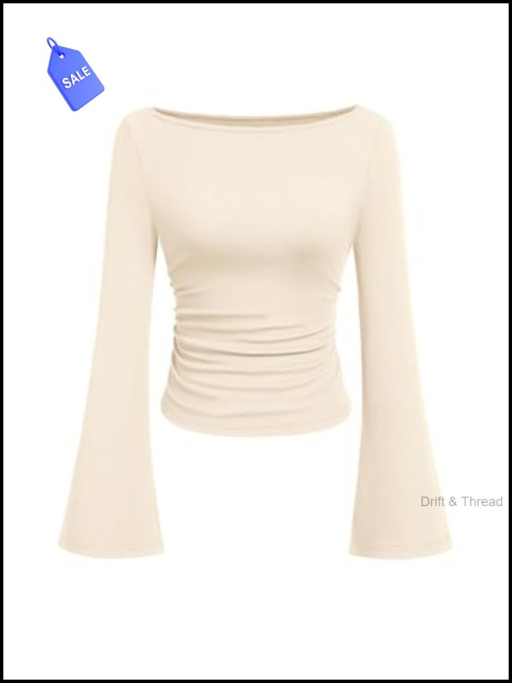 Ribbed Knit Bell Sleeve Top Boat Neck Crop Tunic Casual